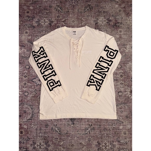 PINK Victoria's Secret Tops - Victoria's Secret PINK Lace Up Long Sleeve T-Shirt Cream Logo Graphic Large